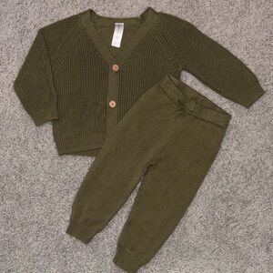 Olive Green Knit Cardigan and Pants Set